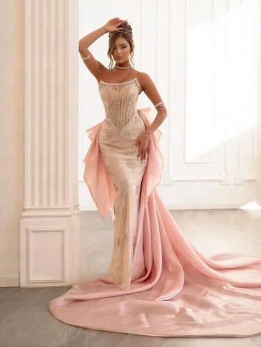 Luxury Mermaid Corset Gown Rhinestones Corset Bowknot Lacing Up Strapless Royal Train Prom Dress Customized, Drestiny, Maxi Dresses, Strapless, Sleeveless, Off Shoulder, Custom Made, Plus Size, 2, 4, 6, 8, 10, 12, 14, 16, 16w, 18w, 20w, 22w, 24w, 26w, custom sizes, Pink, United States, USA, Canada, Australia, New Zealand, United Kingdom, UK, Mermaid wedding dress, corset prom dress, Mermaid gown UK, luxury corset dress, Mermaid evening gown, shopdrestiny.com